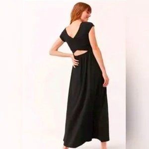 PACT Fit-and-Flare Cross-Back Maxi Dress Organic Cotton Black MEDIUM Short Slv